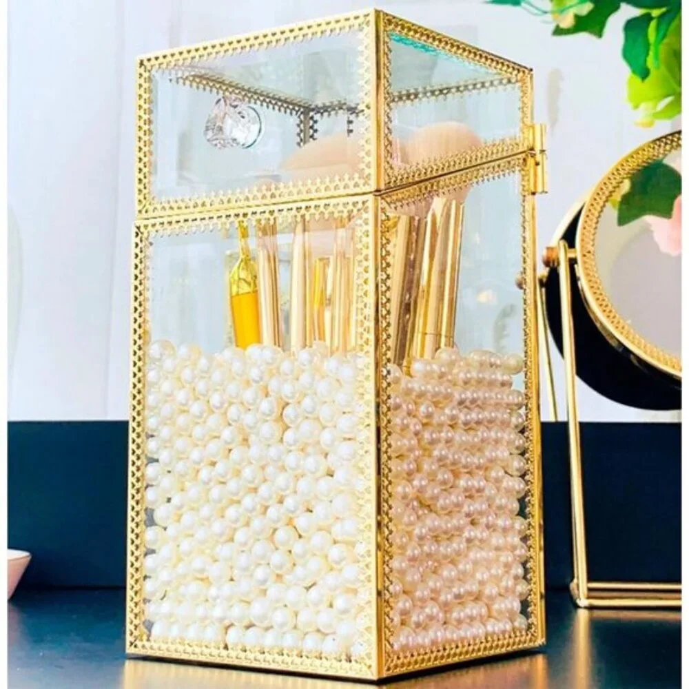 Vintage Makeup Brush Holder with Lid, Clear Glass Vanity Organizer with Pearls